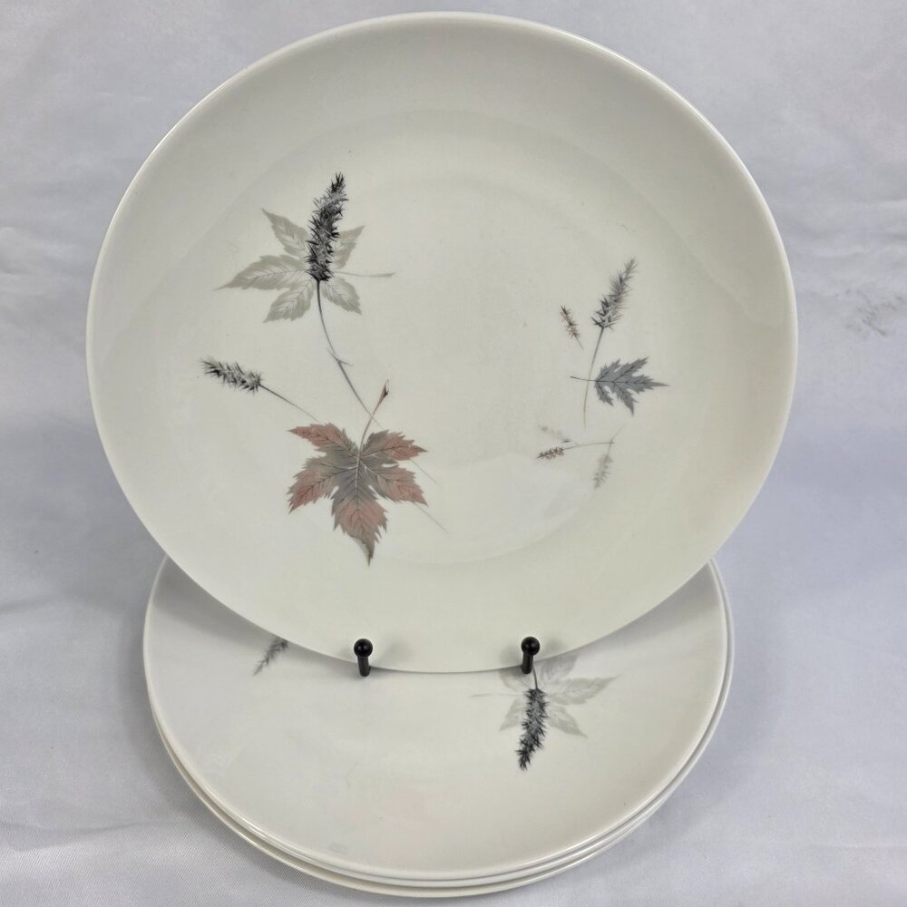 FOUR Royal Doulton Tumbling Leaves Dinner Plates Gray & Pink Leaves